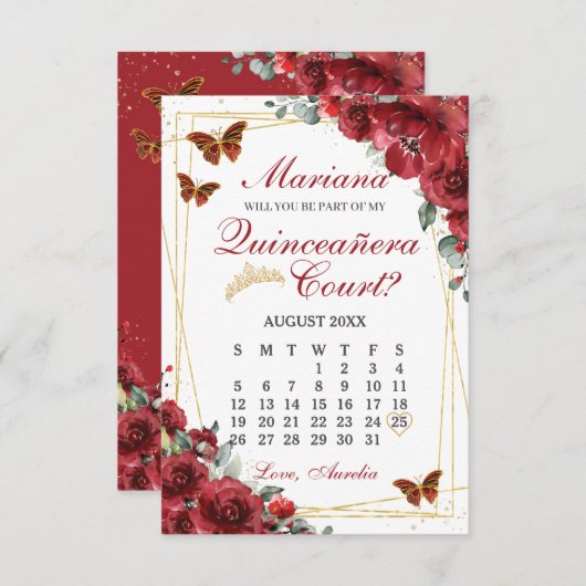 Red Floral Quinceanera 15 Court Proposal Card 出欠カード (正面/裏面)