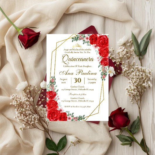 Red Floral Quinceañera Invitation 招待状