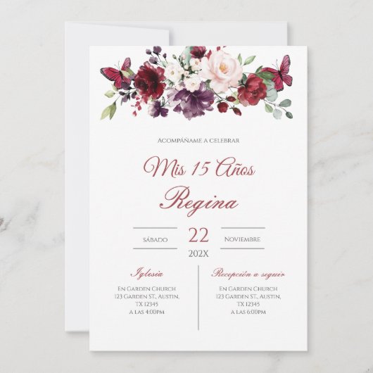 Red Floral Quinceañera Invitation Spanish 招待状 (正面)