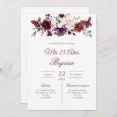 Red Floral Quinceañera Invitation Spanish 招待状 (正面/裏面)