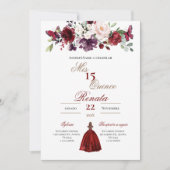 Red Floral Quinceañera Invitation Spanish  招待状 (正面)