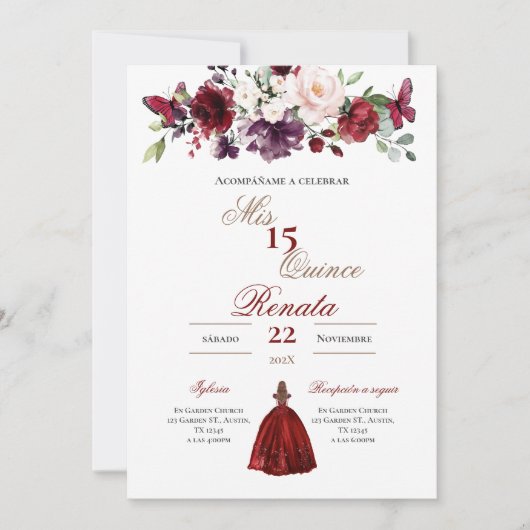 Red Floral Quinceañera Invitation Spanish  招待状 (正面)