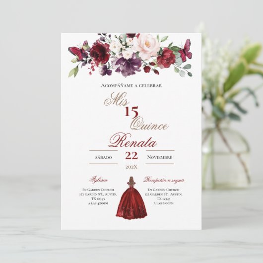 Red Floral Quinceañera Invitation Spanish  招待状 (スタンド正面)