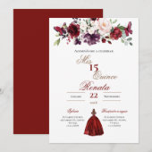 Red Floral Quinceañera Invitation Spanish  招待状 (正面/裏面)