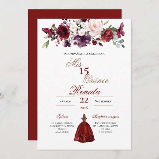 Red Floral Quinceañera Invitation Spanish  招待状 (正面/裏面)