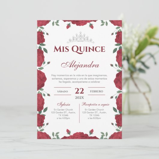 Red Floral Quinceañera Spanish  招待状 (スタンド正面)