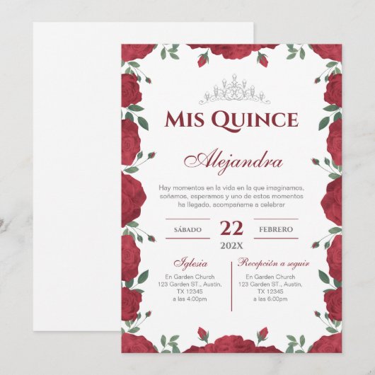 Red Floral Quinceañera Spanish  招待状 (正面/裏面)