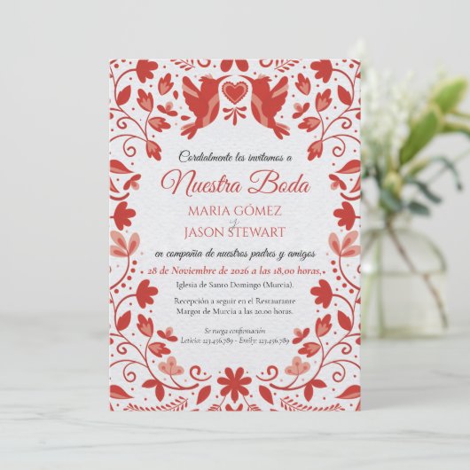 Red Floral Romantic Aesthetic Spanish Wedding 招待状 (スタンド正面)