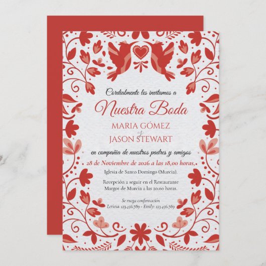 Red Floral Romantic Aesthetic Spanish Wedding 招待状 (正面/裏面)