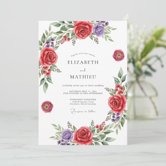 Red Floral Romantic Wedding 招待状 (スタンド正面)