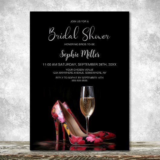 Red Floral Stiletto Shoes Bridal Shower 招待状