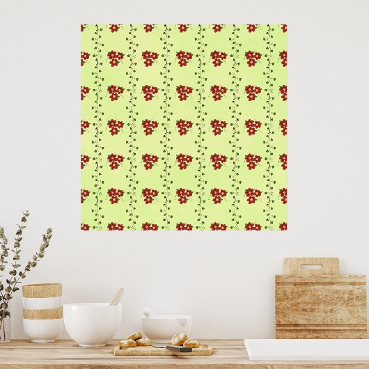 Red Floral Vine Pattern on Light Green ポスター (キッチン)