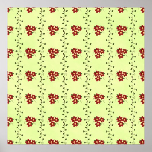 Red Floral Vine Pattern on Light Green ポスター (正面)