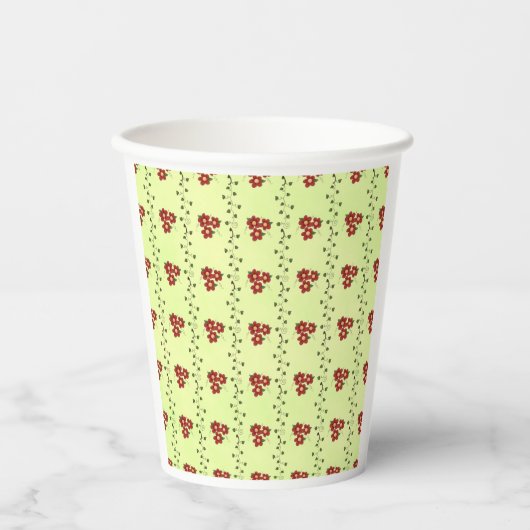 Red Floral Vine Pattern on Light Green 紙コップ (正面)