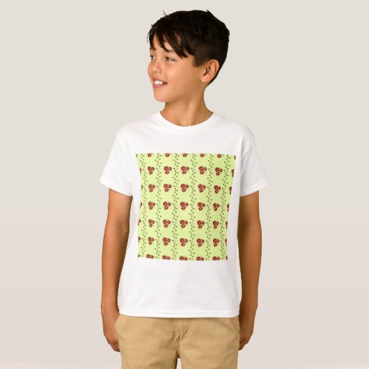 Red Floral Vine Pattern on Light Green Tシャツ (正面フル)