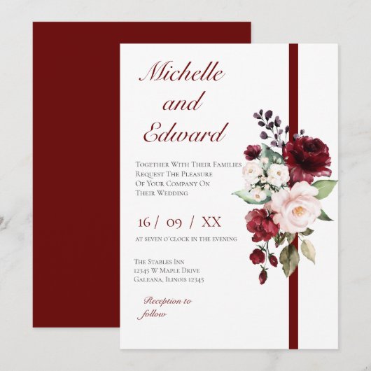 Red Floral Wedding Invitation 招待状 (正面/裏面)