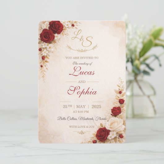 Red Floral Wedding Invitation Card 招待状 (スタンド正面)