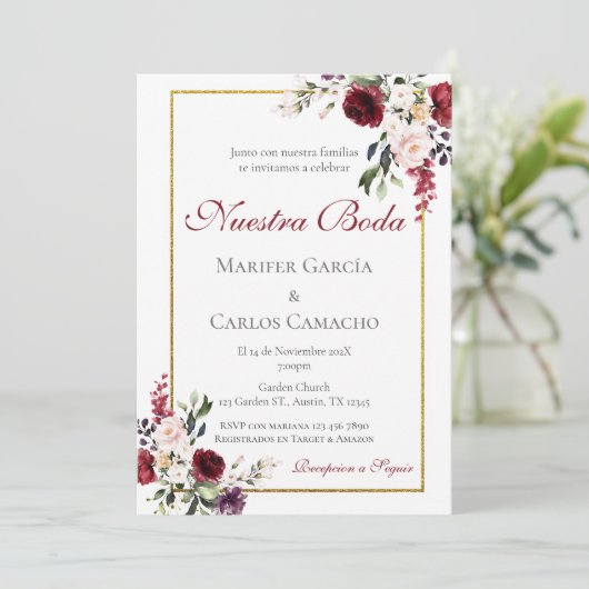 Red Floral Wedding invitation Invitación boda espa 招待状 (スタンド正面)