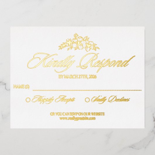 Red Floral Wedding RSVP Card – Elegant Script Desi 箔招待状ポストカード (正面)