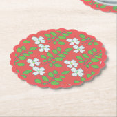  Red Floral White Blossoms & Green Leaves ペーパーコースター (アングル)