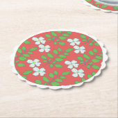Red Floral White Blossoms & Green Leaves ペーパーコースター (アングル)