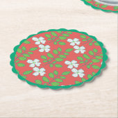 Red Floral White Blossoms & Green Leaves ペーパーコースター (アングル)