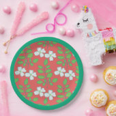  Red Floral White Blossoms & Green Leaves ペーパープレート (パーティー)