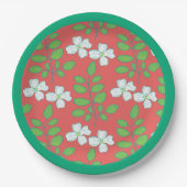  Red Floral White Blossoms & Green Leaves ペーパープレート (正面)