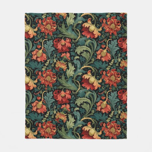 Red Floral William Morris print フリースブランケット (正面)