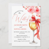 Red Floral Wine Glass Watercolor Wedding 招待状 (正面)