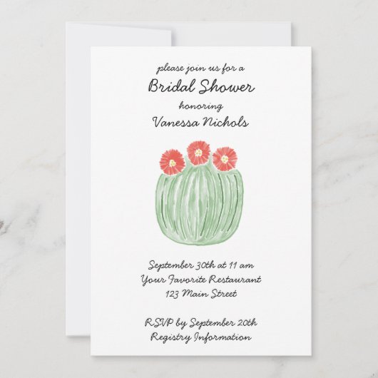 Red Flower Barrel Cactus Bridal Shower 招待状 (正面)