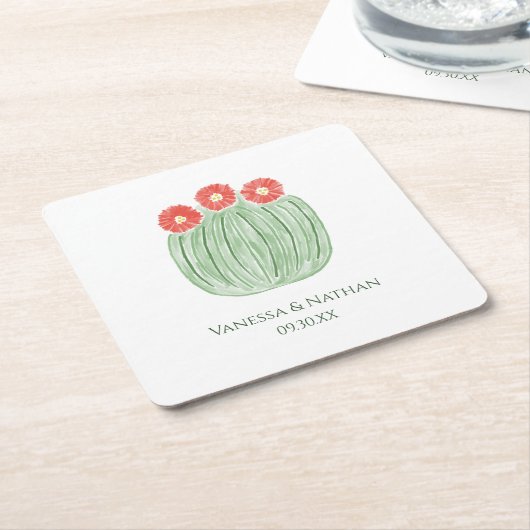 Red Flower Barrel Cactus Wedding Cocktail Hour スクエアペーパーコースター (アングル)