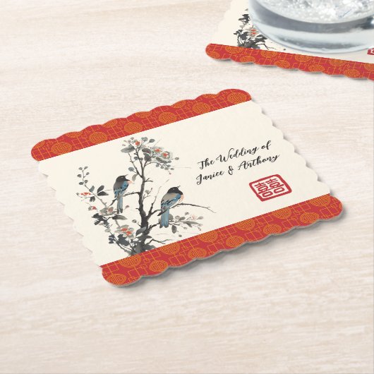 Red flower bird oriental Chinese wedding ペーパーコースター (アングル)