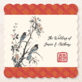Red flower bird oriental Chinese wedding ペーパーコースター (正面)