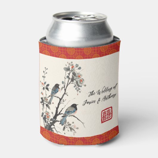 Red flower bird oriental Chinese wedding 缶クーラー (缶正面)