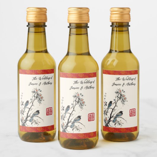 Red flower birds modern Chinese wedding  ワインラベル (ボトル)