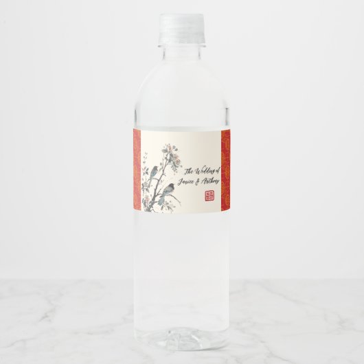 Red flower birds oriental Chinese wedding ペットボトルラベル (正面)