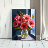 Red Flower Bouquet Vase Watercolor Painting ポスター
