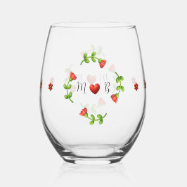 Red Flower Heart Monogram Stemless Glass ステムなしワイングラス