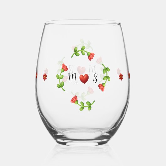 Red Flower Heart Monogram Stemless Glass ステムなしワイングラス (正面)