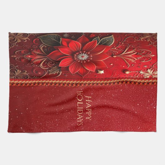 Red Flower Holiday Kitchen Towel キッチンタオル (横)