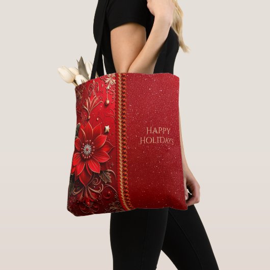Red Flower Holiday Tote Bag トートバッグ (クローズアップ)