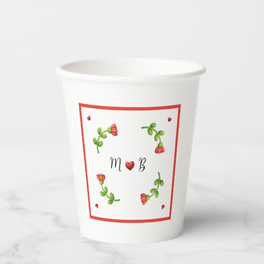 Red Flower Paper Cups with Heart and Initials 紙コップ (正面)