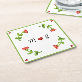 Red Flower Paper – Initials and Heart Design スクエアペーパーコースター