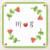 Red Flower Paper – Initials and Heart Design スクエアペーパーコースター (正面)
