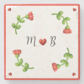 Red Flower Paper – Initials and Heart Design ストーンコースター (正面)