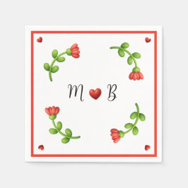 Red Flower Paper Napkins – Personalized Monogram スタンダードカクテルナプキン