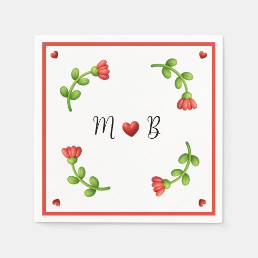 Red Flower Paper Napkins – Personalized Monogram スタンダードカクテルナプキン (正面)