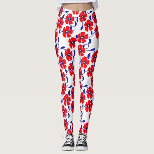 Red Flowers Blue Vines Leggings レギンス (正面)