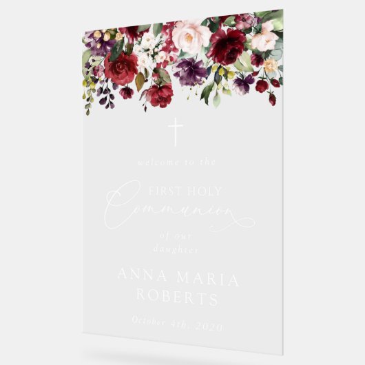 Red Flowers, Boho, First Holy Communion Welcome アクリルサイン (傾斜)